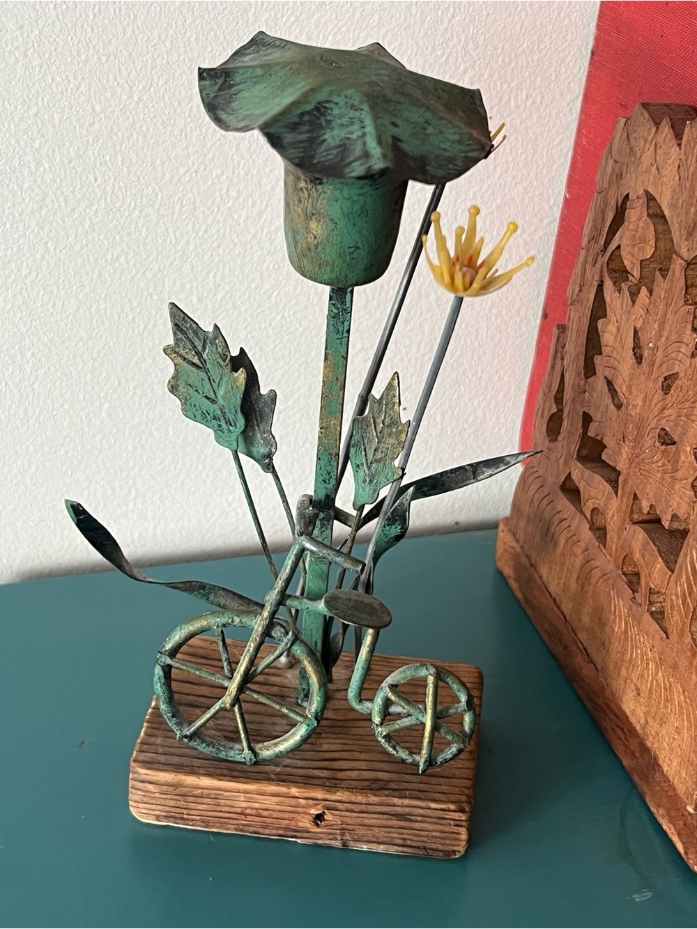 MCM Patina Copper Green Metal Flower Artisan Sculpture on Wood Base